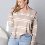 Orian Notch-Neck Striped Knit Sweater - Beige