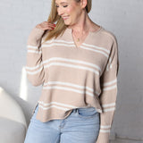 Orian Notch-Neck Striped Knit Sweater - Beige