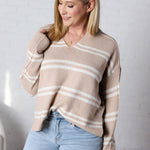 Orian Notch-Neck Striped Knit Sweater - Beige