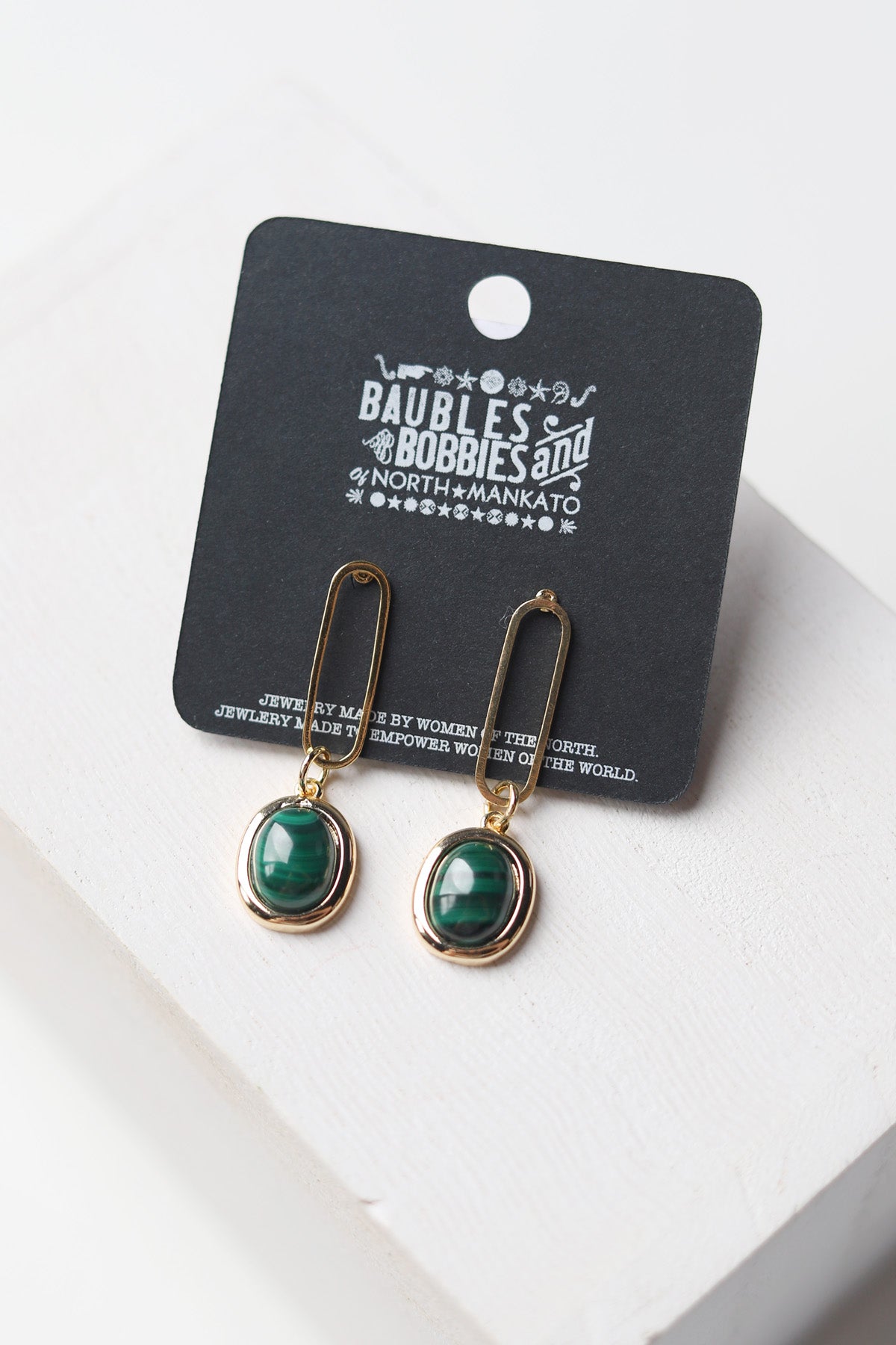 Oval Stud with Oval Gold Plated Malachite Earring - Gold