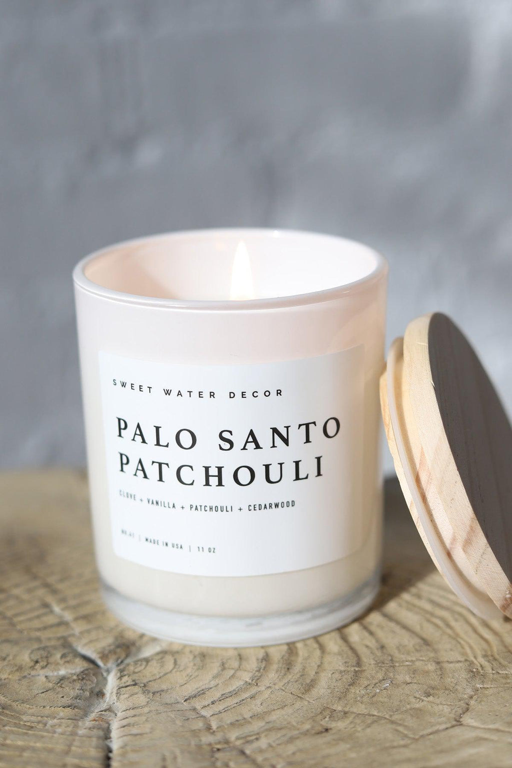 Palo Santo Patchouli 11 oz Soy Candle - Clear Jar Wooden Lid