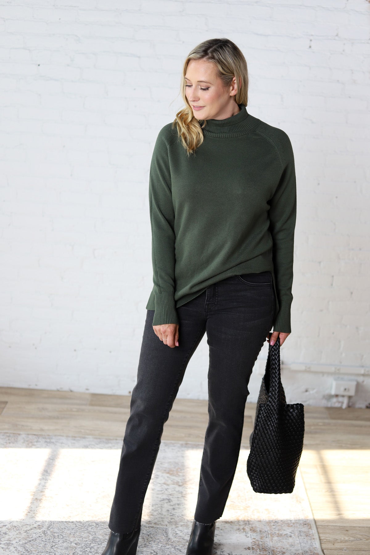 Paxtyn Oversized High Neck Sweater - Dark Green