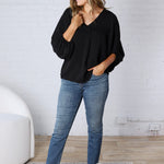 Perrie V-Neck Dolman Blouse Top - Black