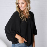 Perrie V-Neck Dolman Blouse Top - Black