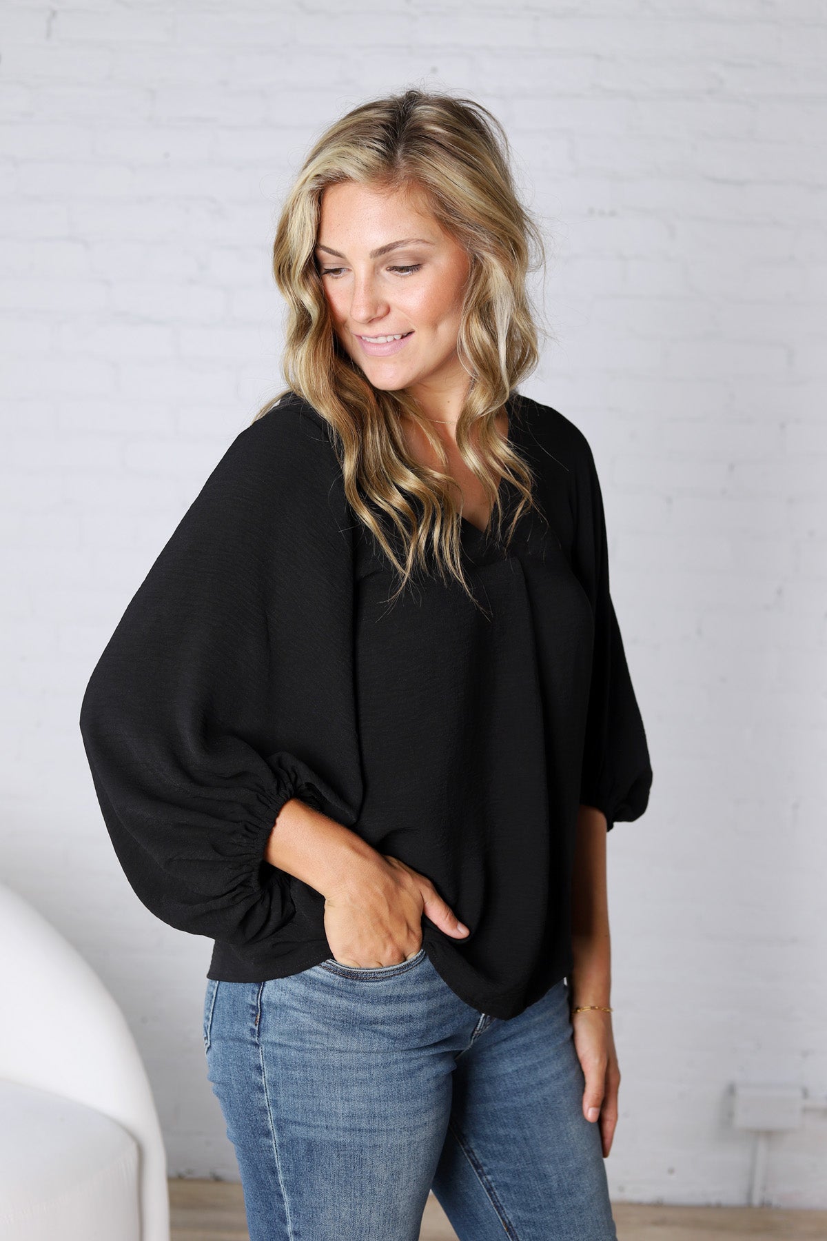 Perrie V-Neck Dolman Blouse Top - Black