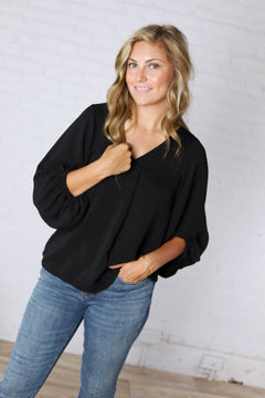 Perrie V-Neck Dolman Blouse Top - Black - FINAL SALE