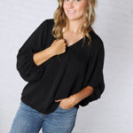 Perrie V-Neck Dolman Blouse Top - Black