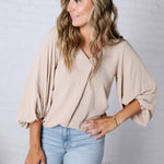 Perrie V-Neck Dolman Blouse Top - Taupe