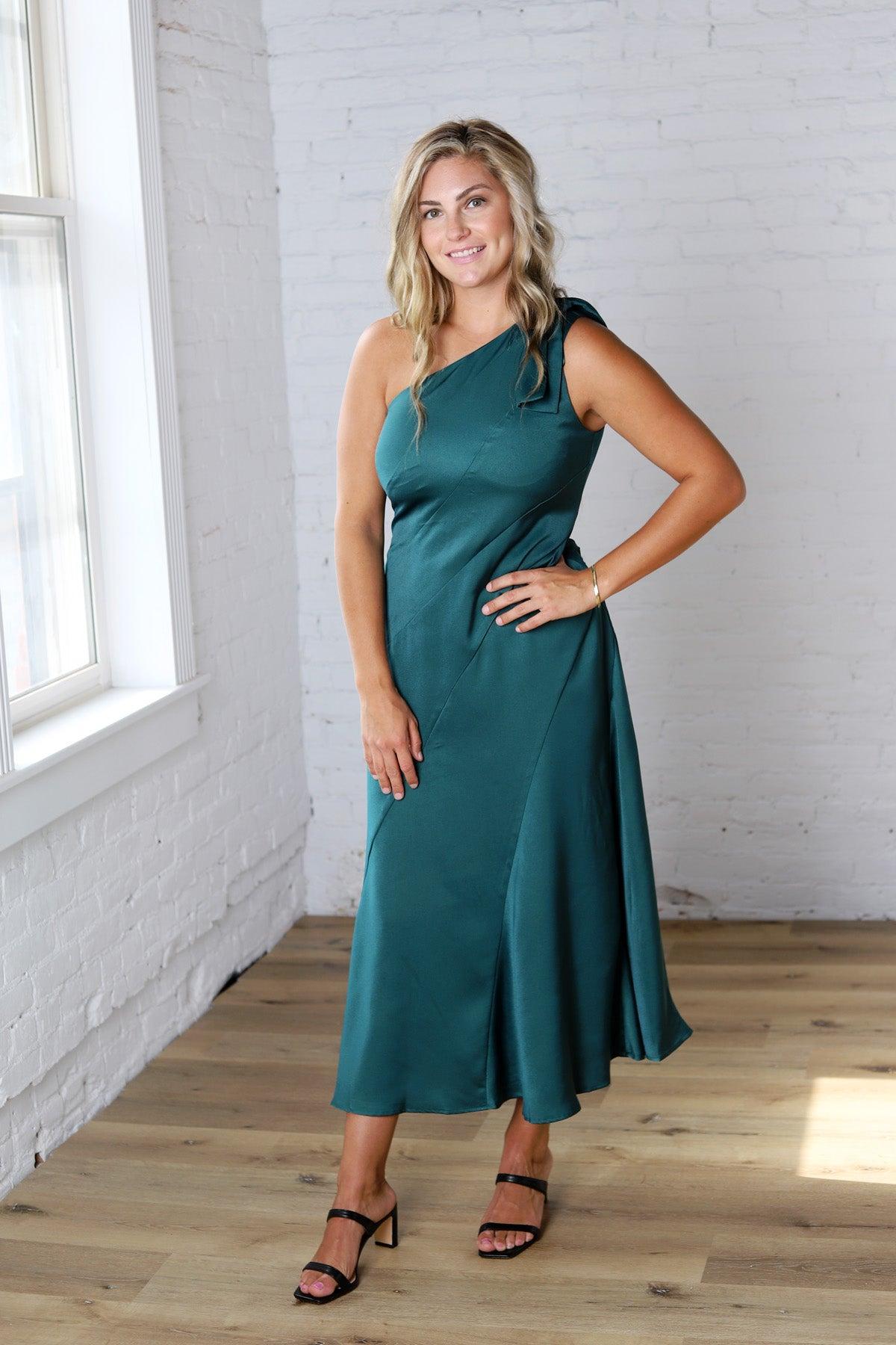 Perrin One-Shoulder Midi Dress - Dk Green