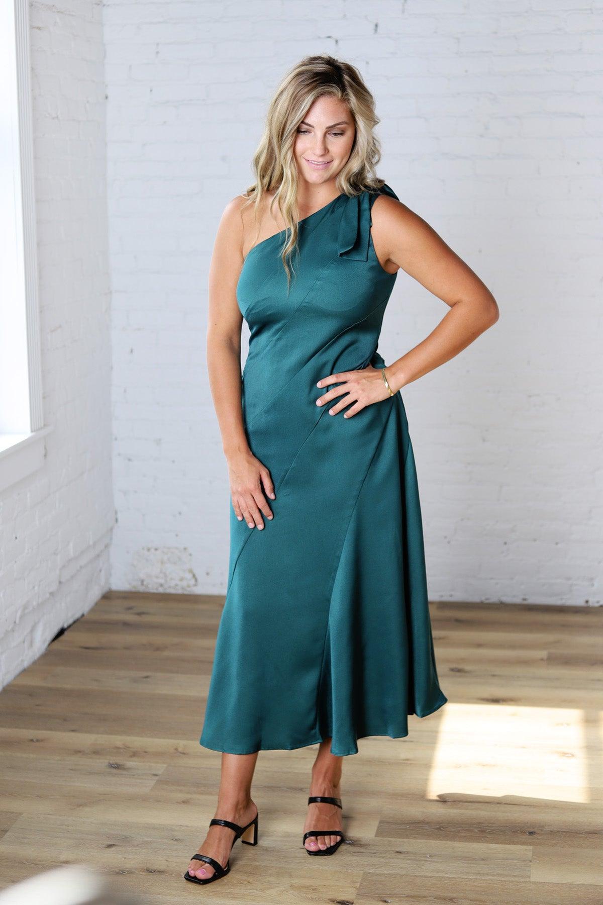 Perrin One-Shoulder Midi Dress - Dk Green