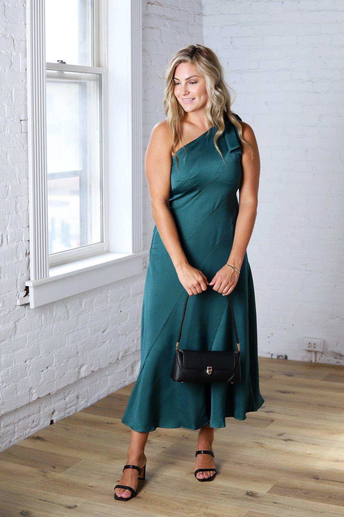 Perrin One-Shoulder Midi Dress - Dk Green