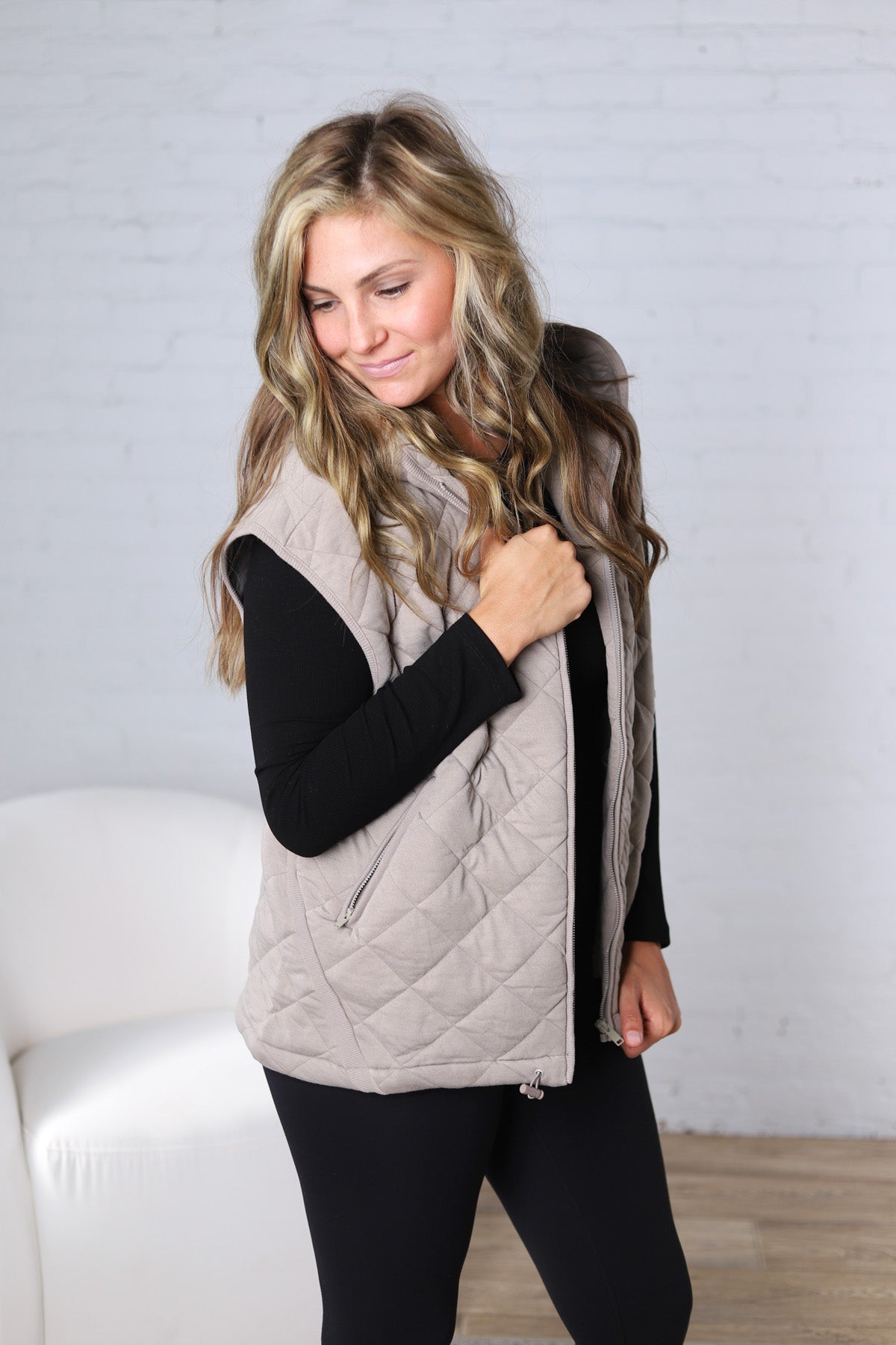 Perrin Quilted Hoodie Vest - Taupe