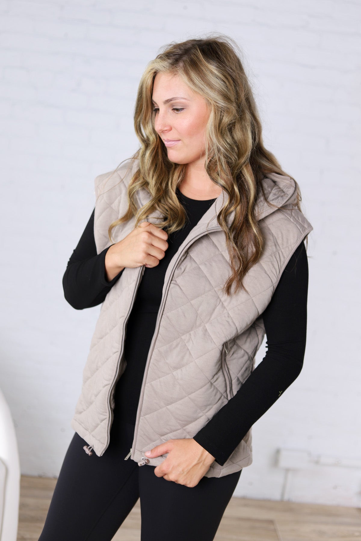 Perrin Quilted Hoodie Vest - Taupe