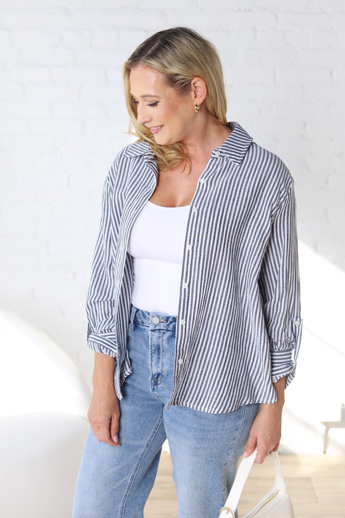 Phoebe Oversized Button Down Top - Navy