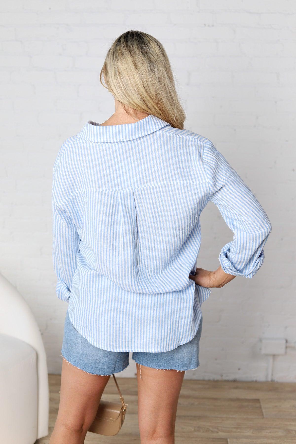 Phoebe Oversized Button Down Top - Ocean Blue