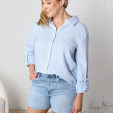 Phoebe Oversized Button Down Top - Ocean Blue