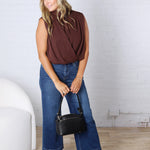 Piper Draped Chiffon Mock Neck Top - Dk Chocolate