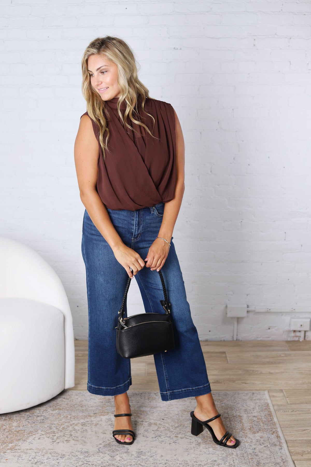 Piper Draped Chiffon Mock Neck Top - Dk Chocolate