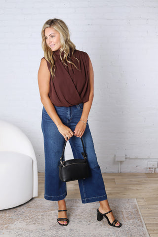 Piper Draped Chiffon Mock Neck Top - Dk Chocolate