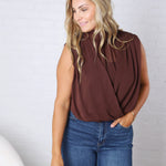 Piper Draped Chiffon Mock Neck Top - Dk Chocolate