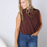 Piper Draped Chiffon Mock Neck Top - Dk Chocolate