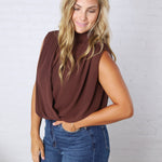 Piper Draped Chiffon Mock Neck Top - Dk Chocolate