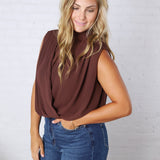 Piper Draped Chiffon Mock Neck Top - Dk Chocolate