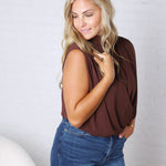 Piper Draped Chiffon Mock Neck Top - Dk Chocolate