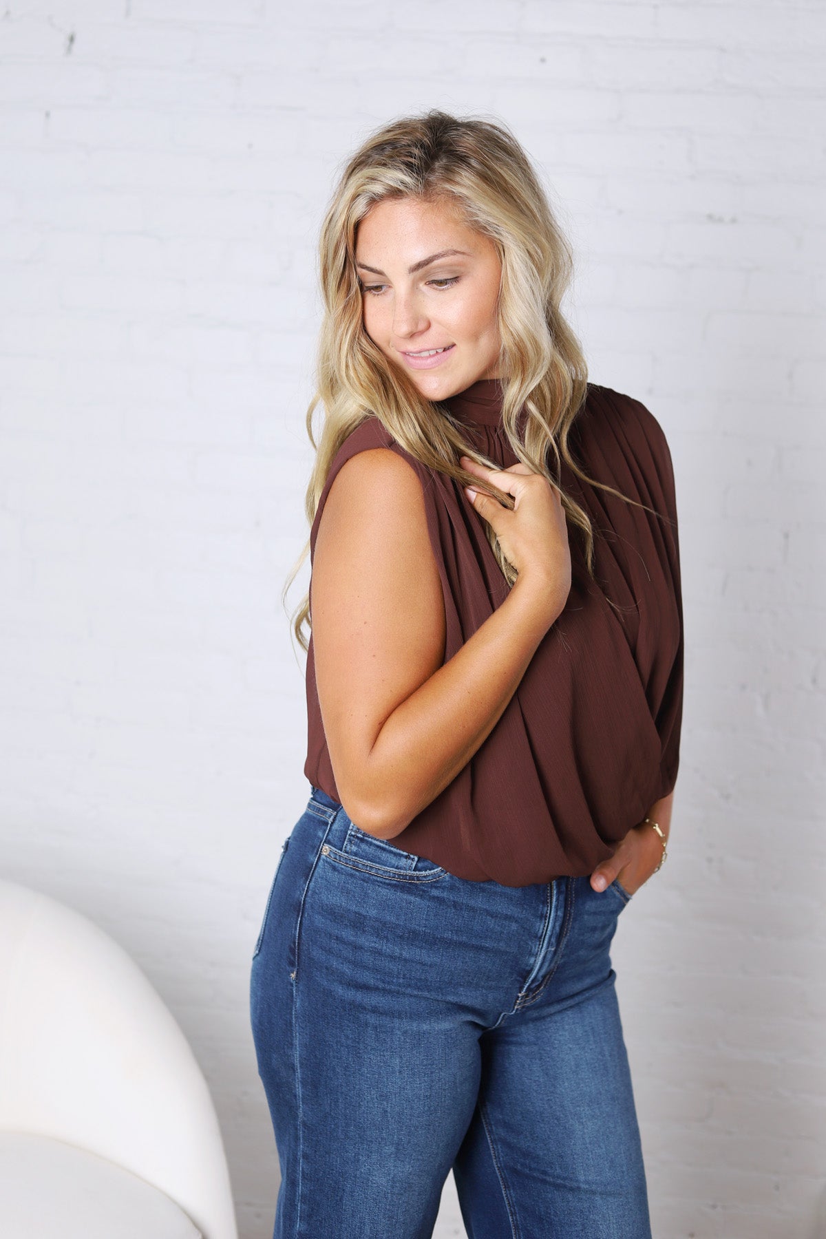 Piper Draped Chiffon Mock Neck Top - Dk Chocolate