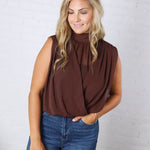 Piper Draped Chiffon Mock Neck Top - Dk Chocolate