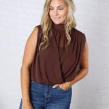Piper Draped Chiffon Mock Neck Top - Dk Chocolate
