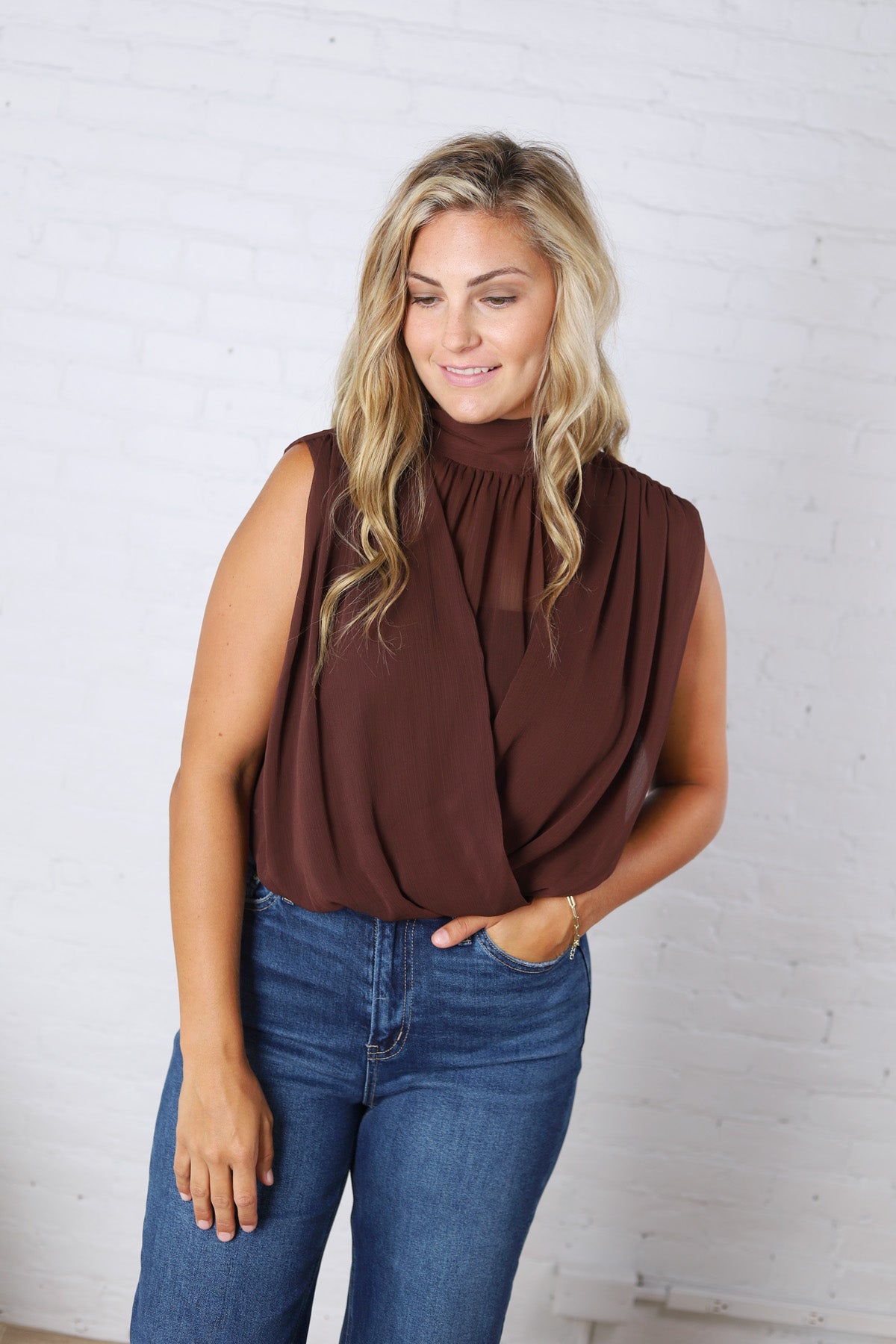 Piper Draped Chiffon Mock Neck Top - Dk Chocolate