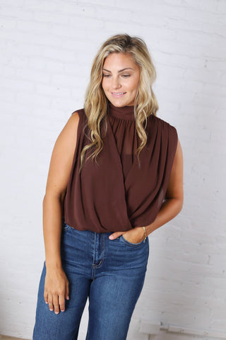 Piper Draped Chiffon Mock Neck Top - Dk Chocolate