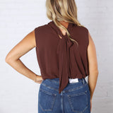 Piper Draped Chiffon Mock Neck Top - Dk Chocolate