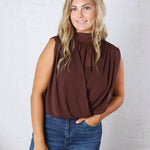 Piper Draped Chiffon Mock Neck Top - Dk Chocolate