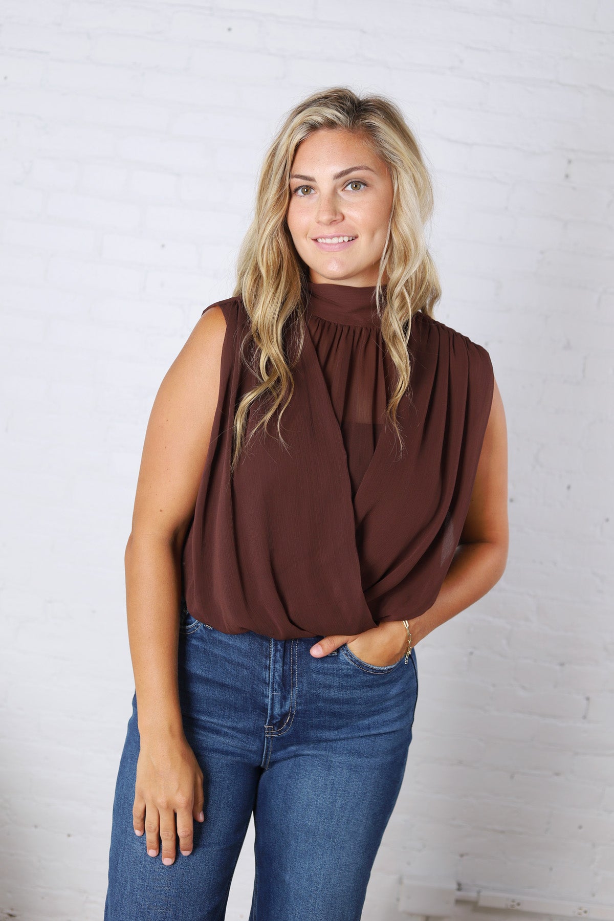 Piper Draped Chiffon Mock Neck Top - Dk Chocolate