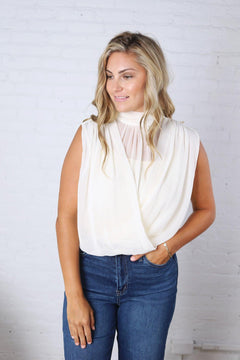 Piper Draped Chiffon Mock Neck Top - Ivory