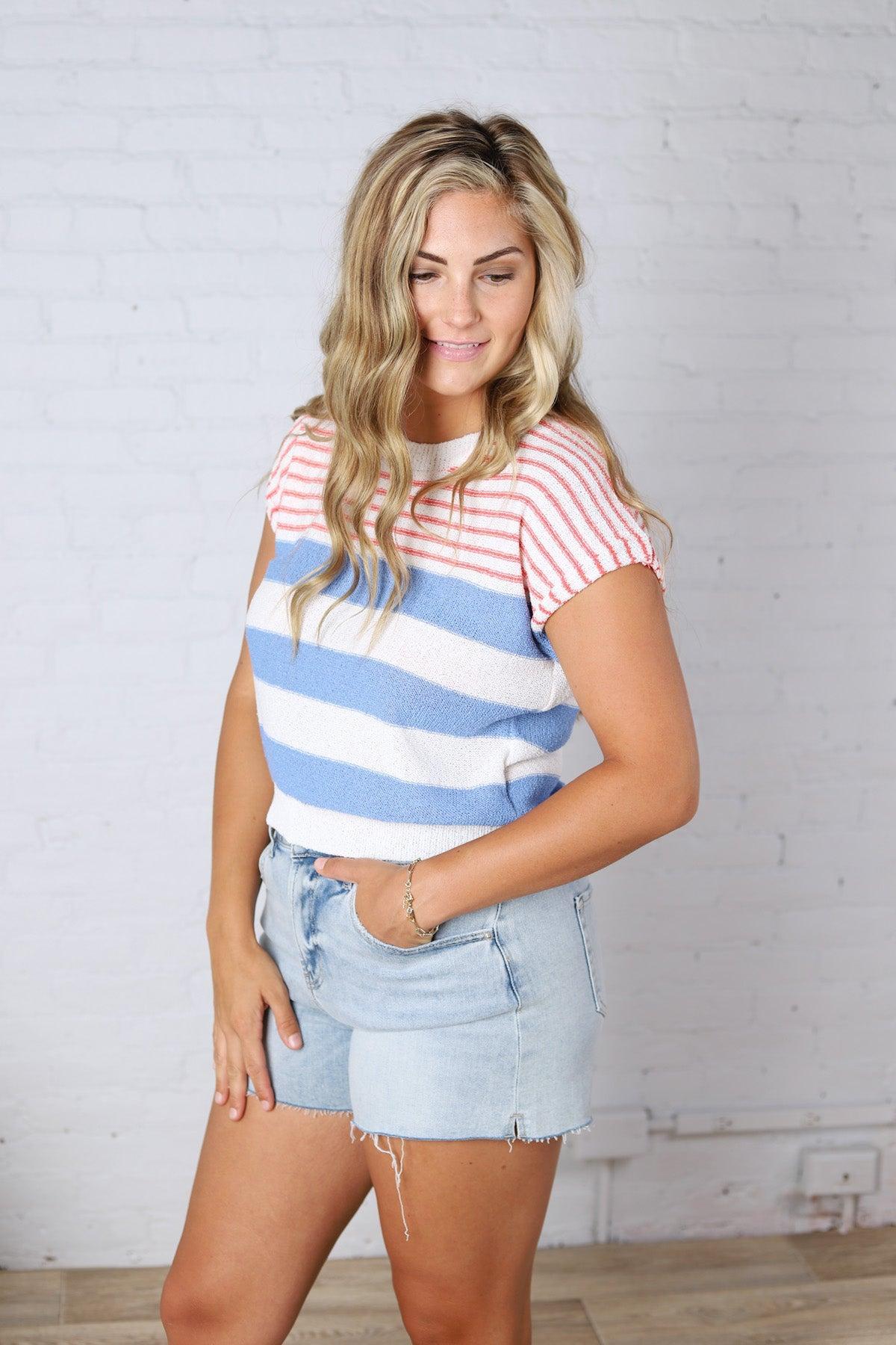 Piper Striped Knit S/S Top - Blue FINAL SALE