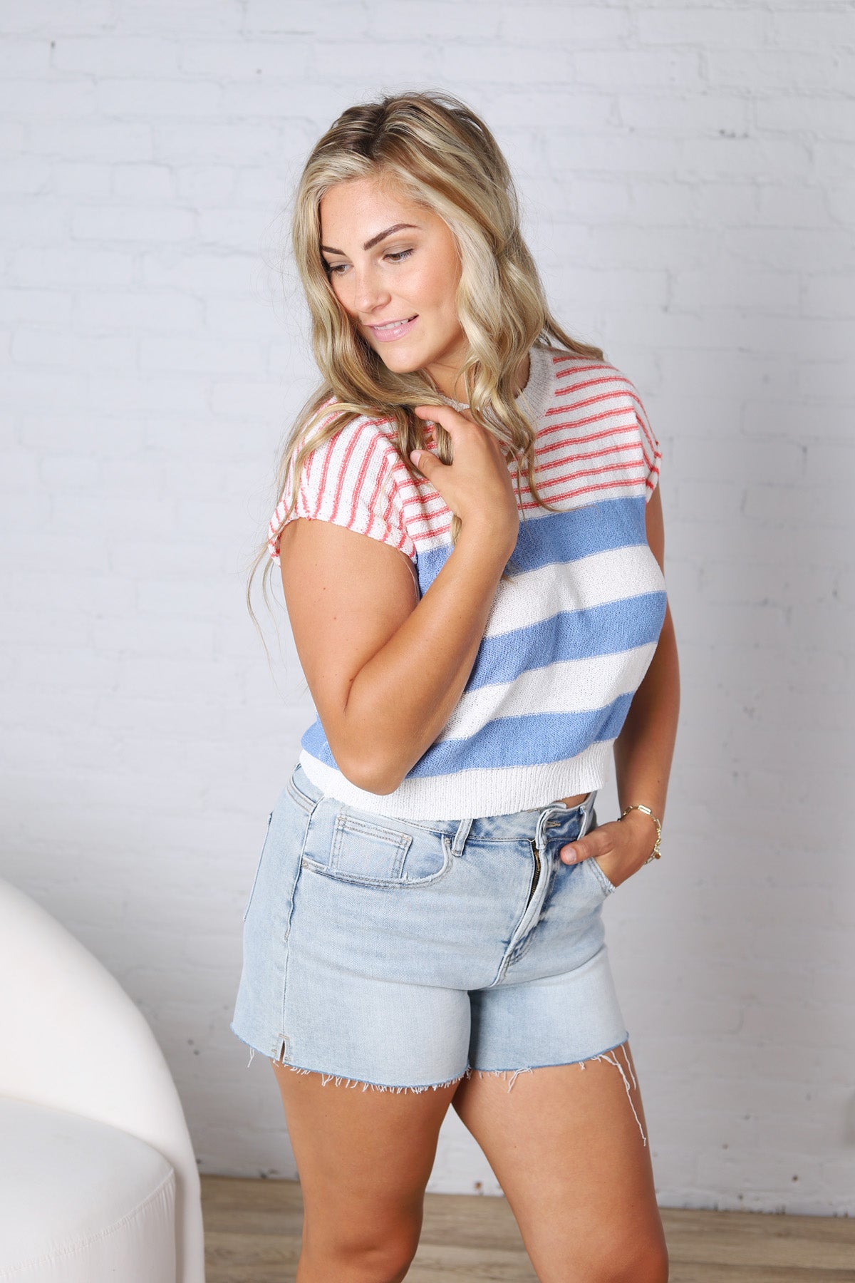 Piper Striped Knit S/S Top - Blue FINAL SALE