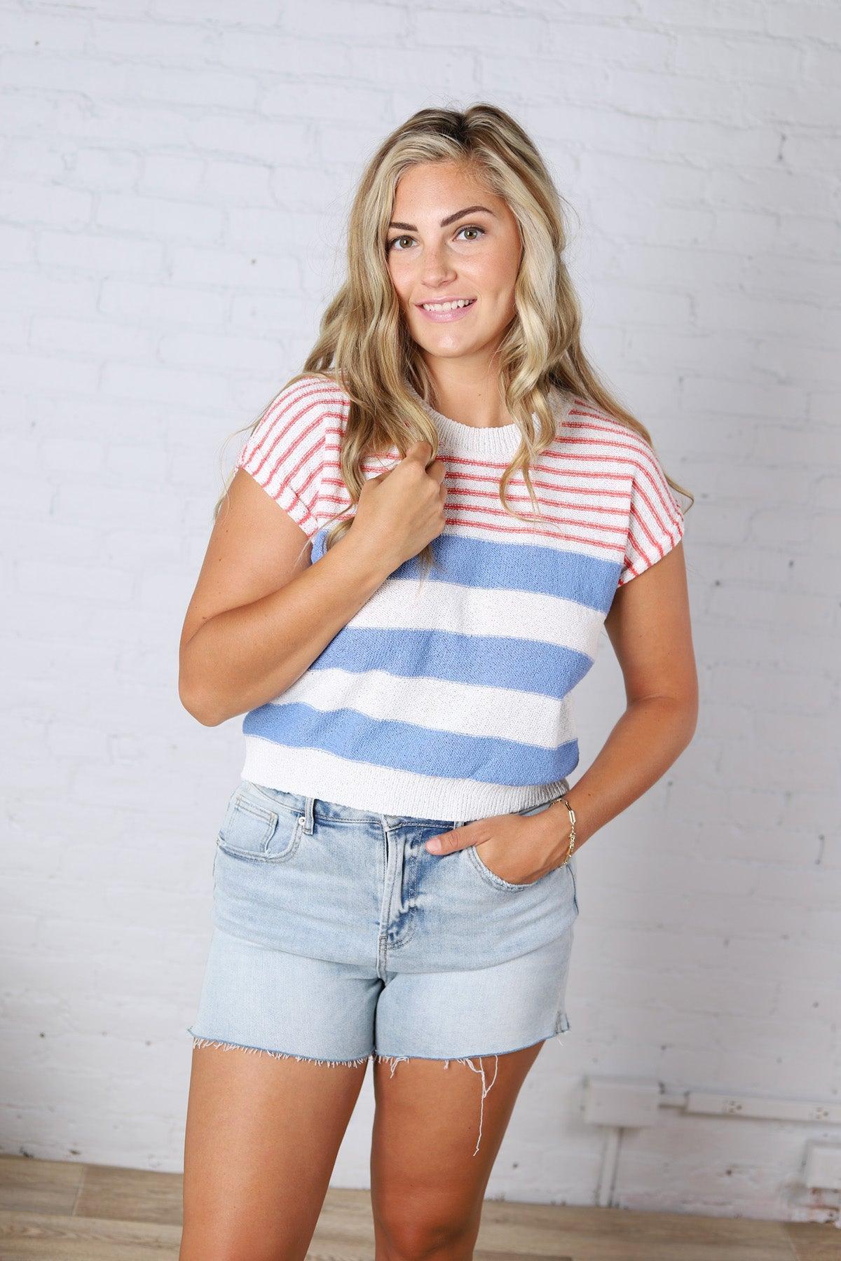 Piper Striped Knit S/S Top - Blue FINAL SALE