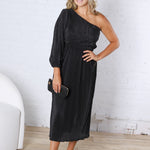 Pontee One Shoulder Pleated Midi Dress - Black