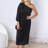 Pontee One Shoulder Pleated Midi Dress - Black