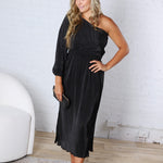 Pontee One Shoulder Pleated Midi Dress - Black
