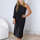 Pontee One Shoulder Pleated Midi Dress - Black