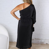 Pontee One Shoulder Pleated Midi Dress - Black