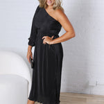 Pontee One Shoulder Pleated Midi Dress - Black