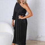 Pontee One Shoulder Pleated Midi Dress - Black