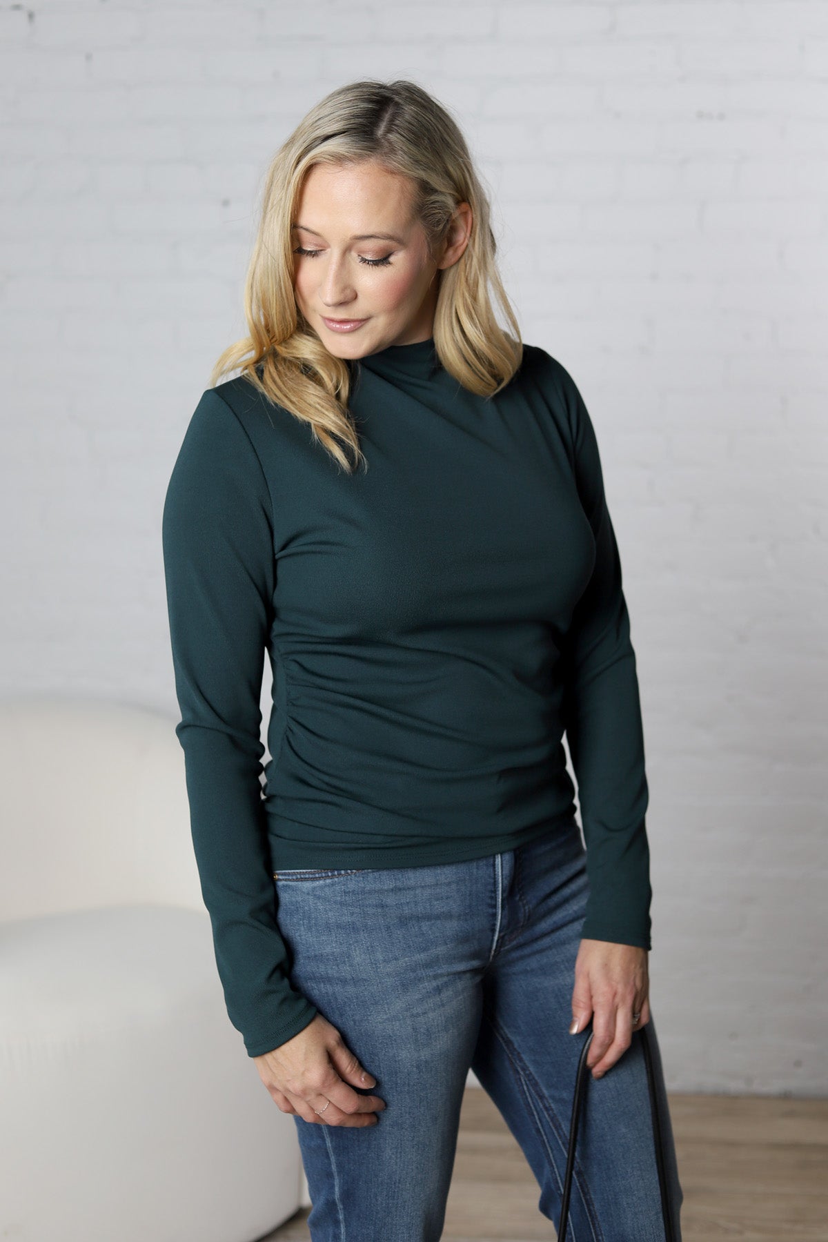 Portia Mock Neck Shirring Rib Top - Hunter Green