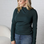 Portia Mock Neck Shirring Rib Top - Hunter Green