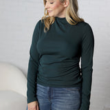 Portia Mock Neck Shirring Rib Top - Hunter Green